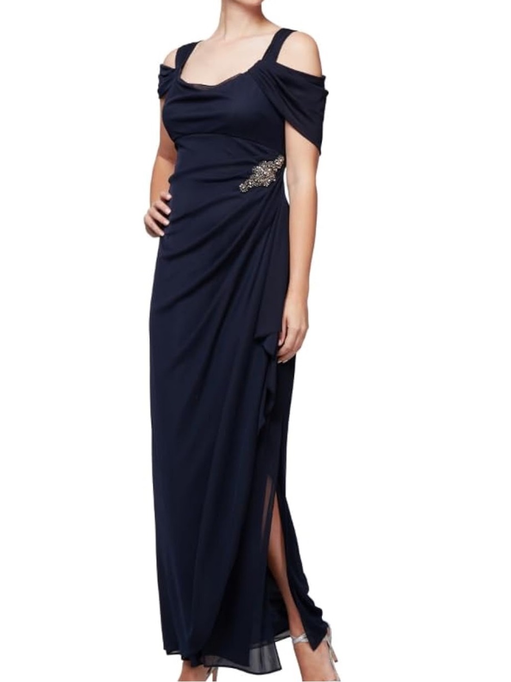 Alex Evenings Navy Off-the-Shoulder Midi Dress with Side Embellishment